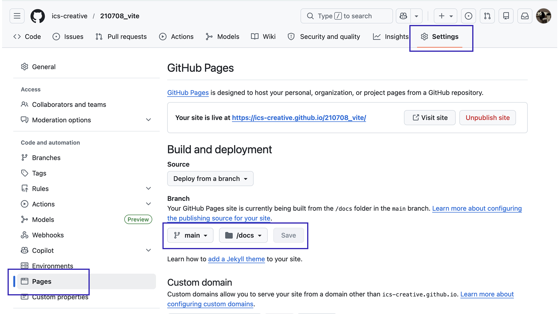 GitHub Pages settings