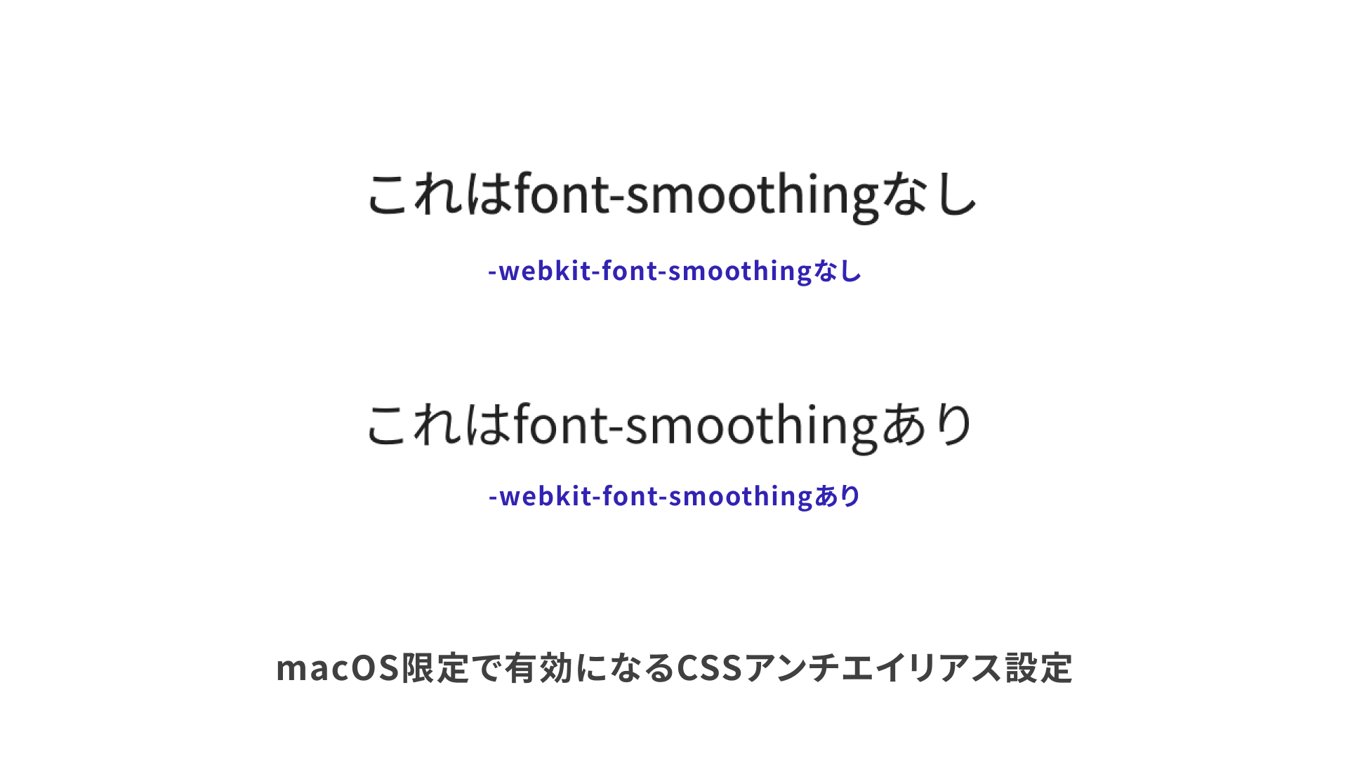 CSSのアンチエイリアスのありなしでも見え方が違う。-webkit-font-smoothing: antialiasedのある方が少し太く見える
