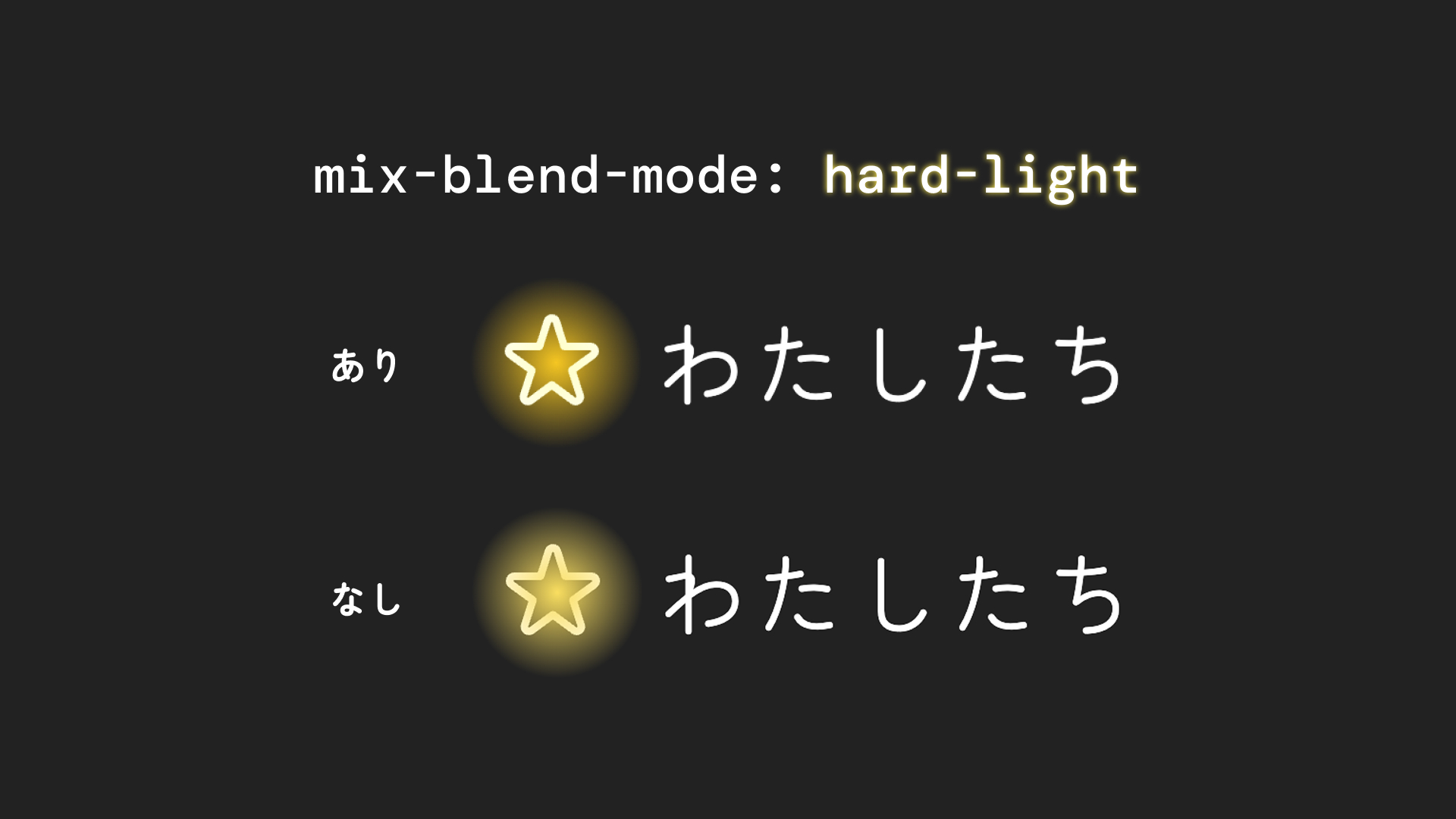「☆わたしたち」というリンクにホバーした際の比較画像。上はmix-blend-mode: hard-lightを指定した場合で、星のアイコンの輪郭がはっきりと際立っている。下は指定なしの場合で、輪郭がぼやけて見える。
