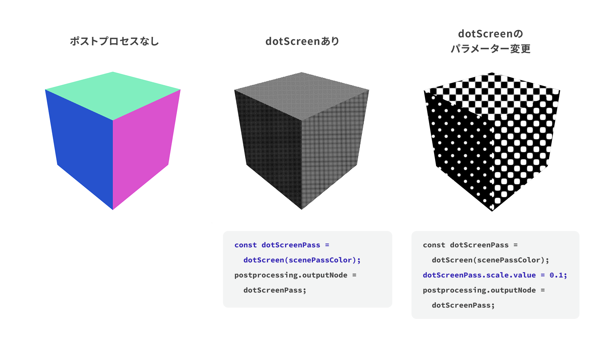 シンプルなシーンのdotScreenエフェクト