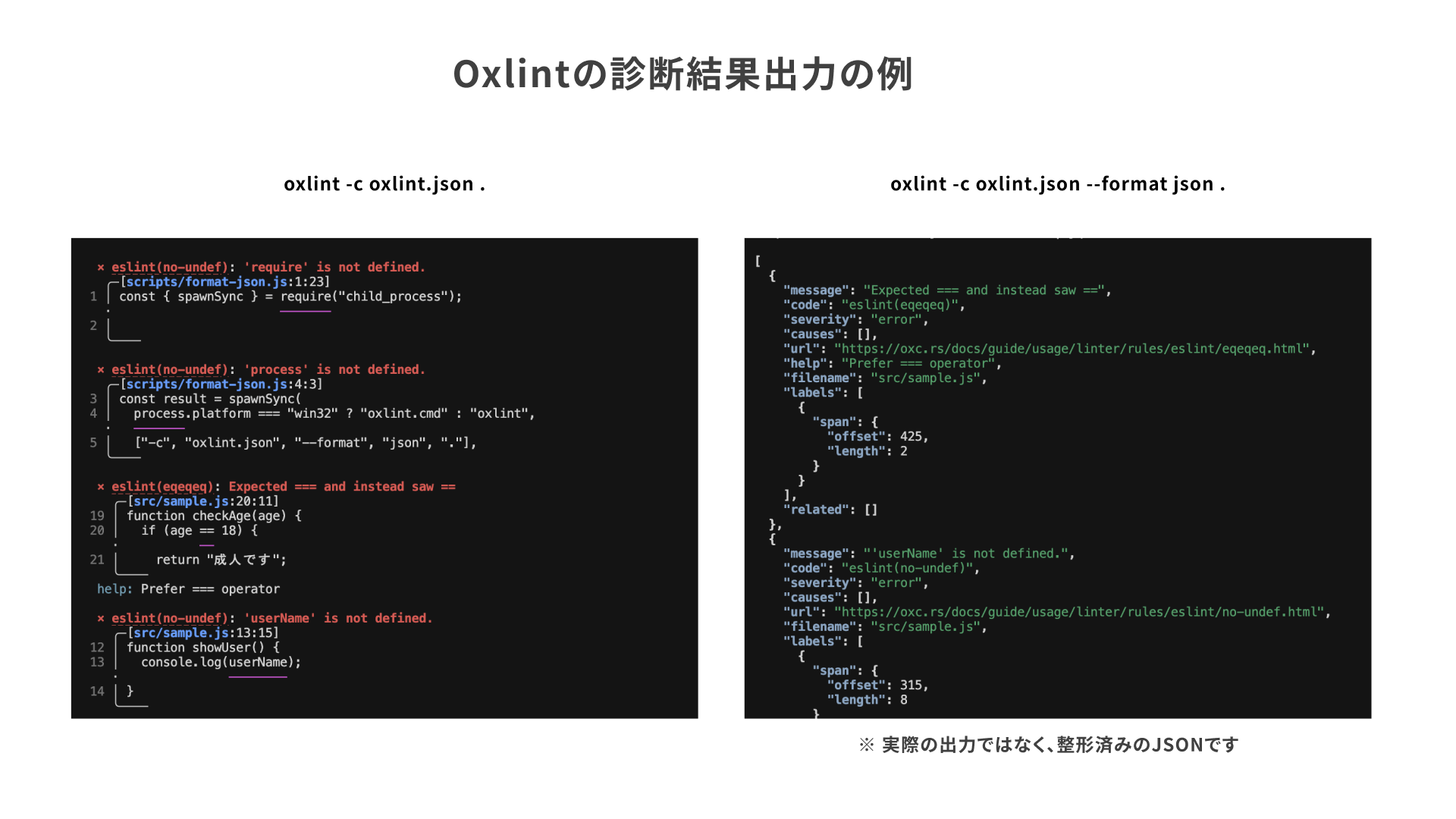 Oxlintの診断出力の例(コードスニペットと修正ヒントが表示される)